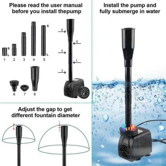 Submersible Fountain Pump 15W Water Pump Aquarium Pump with LED Lights - Picture 5 of 8